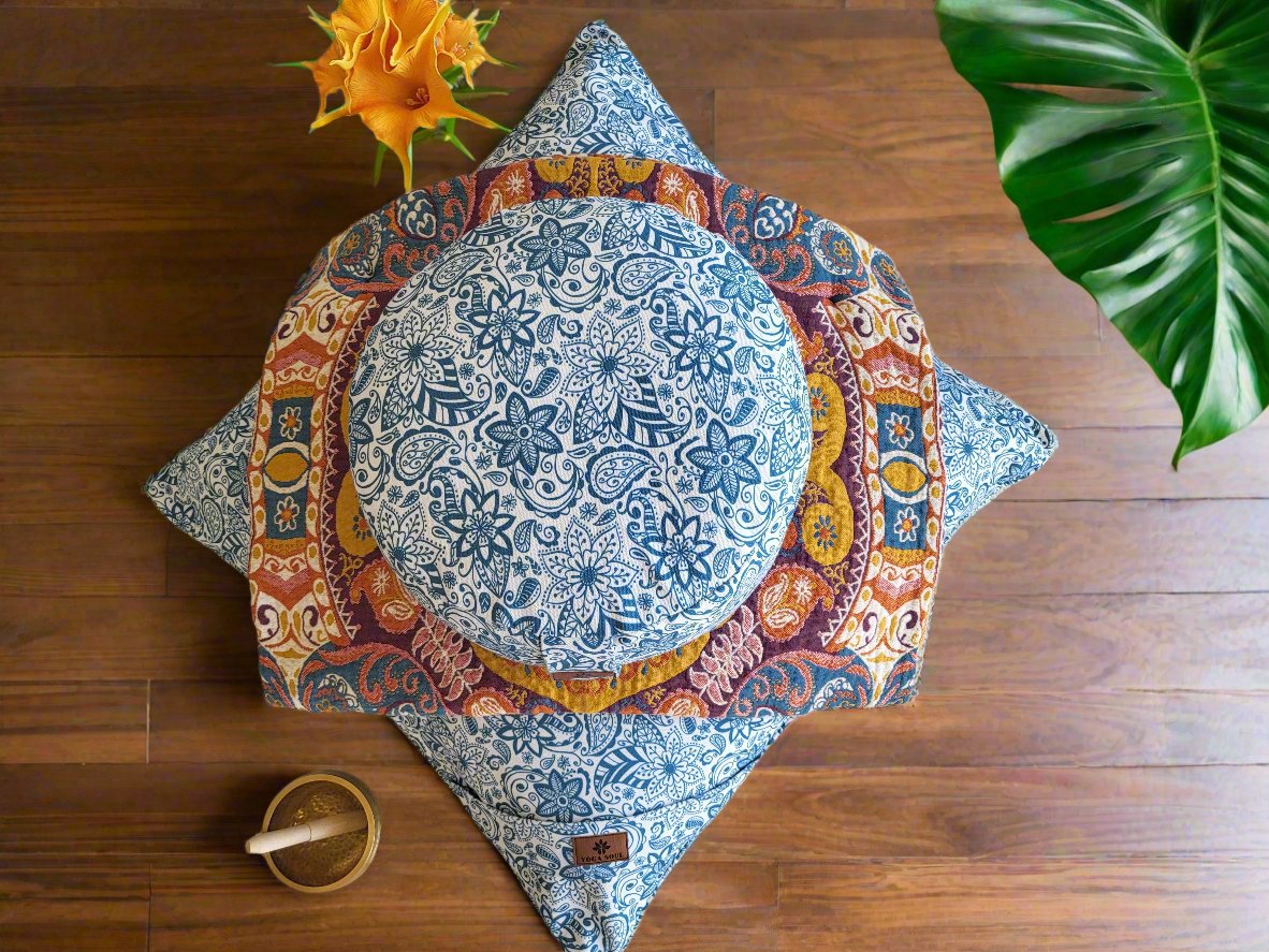 RONDO Meditation Cushion Bundle | Paisley Flower | Teal Blue - Yoga Soul