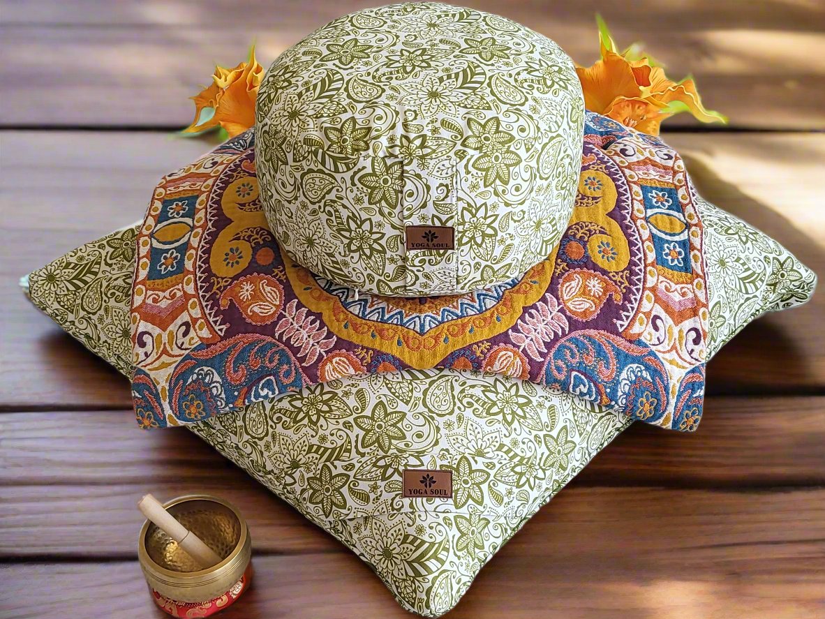 RONDO Meditation Cushion Bundle | Paisley Flower | Olive Green - Yoga Soul