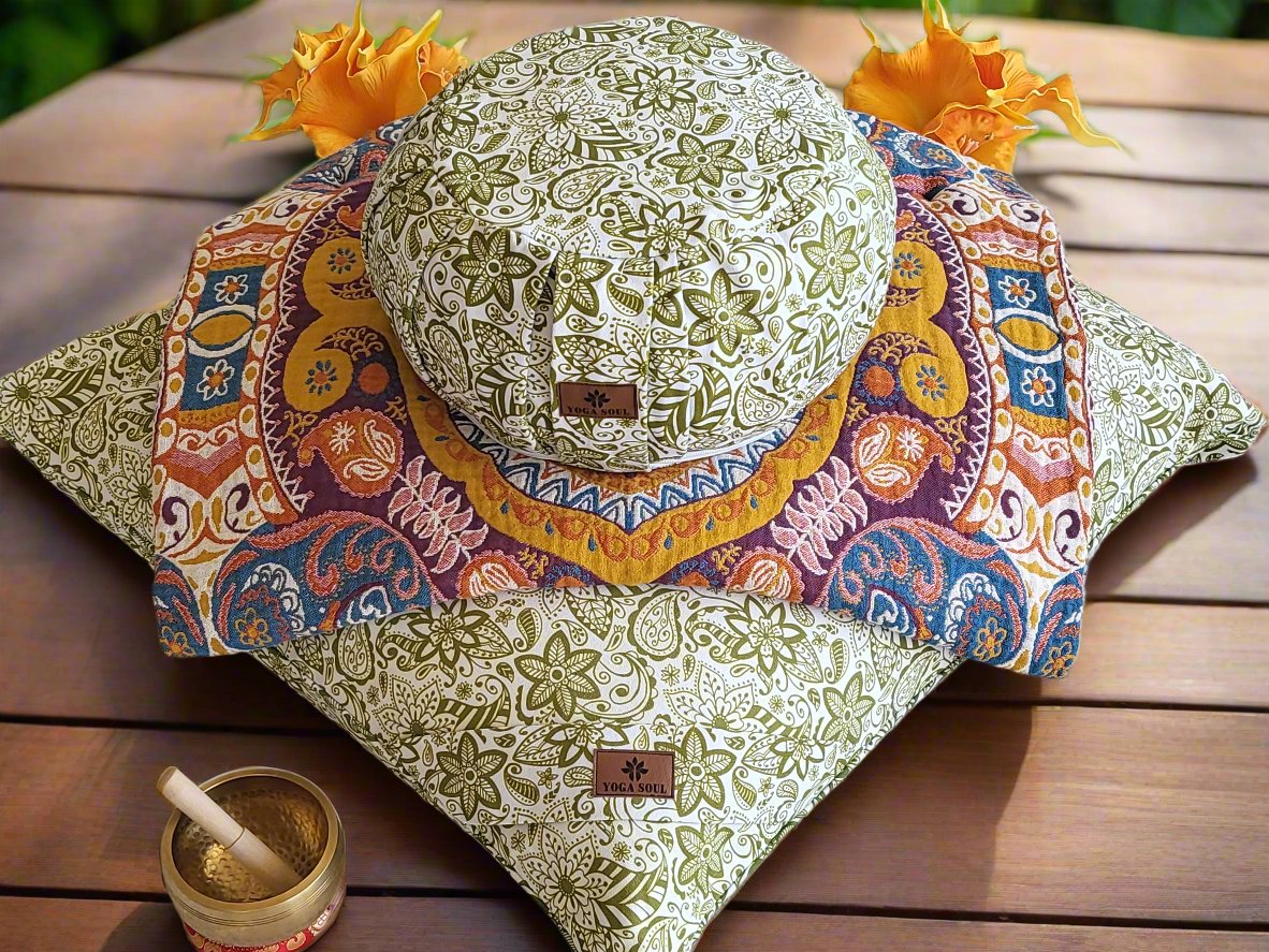 ZAFU Meditation Cushion Bundle | Paisley Flower | Olive Green - Yoga Soul