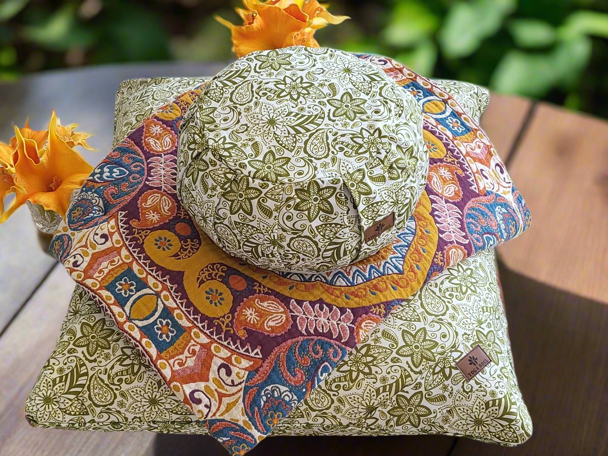 ZAFU Meditation Cushion Bundle | Paisley Flower | Olive Green - Yoga Soul