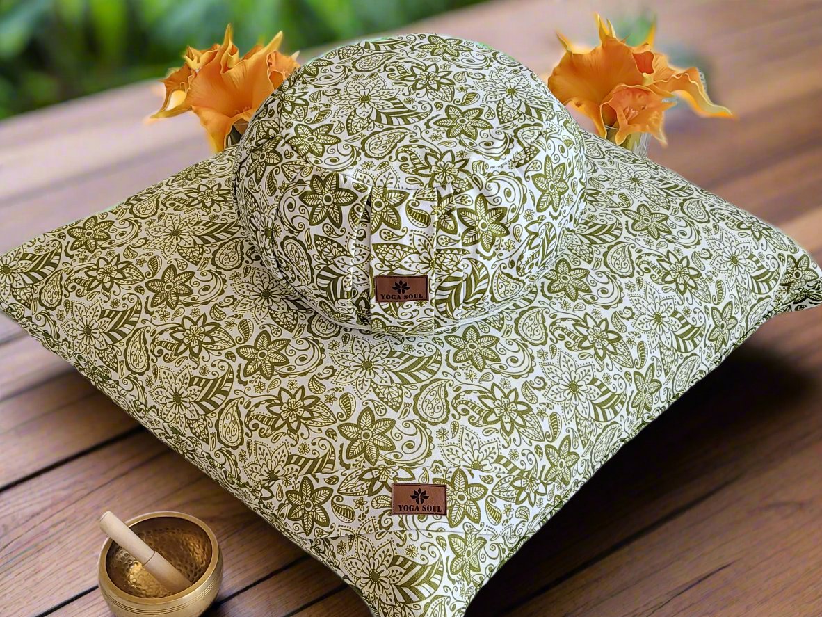 ZAFU Meditation Cushion Bundle | Paisley Flower | Olive Green - Yoga Soul