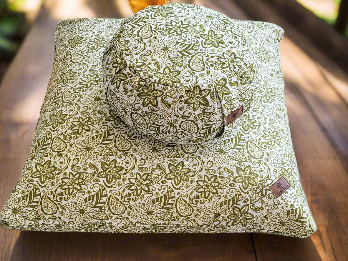 ZAFU Meditation Cushion Bundle | Paisley Flower | Olive Green - Yoga Soul