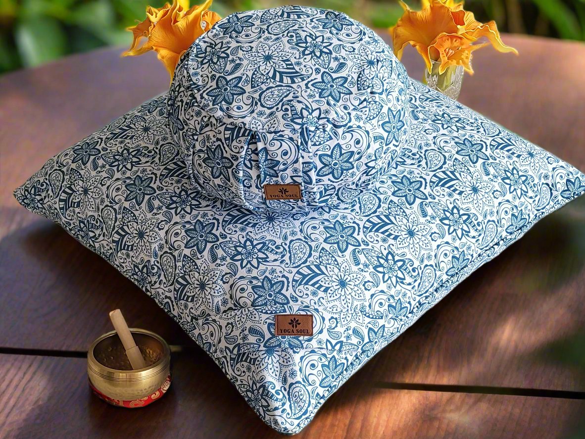 ZAFU Meditation Cushion Bundle | Paisley Flower | Teal Blue - Yoga Soul