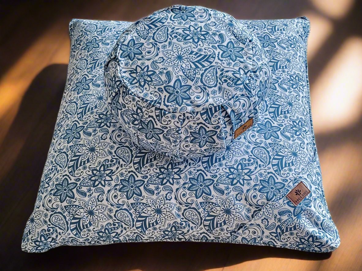 ZAFU Meditation Cushion Bundle | Paisley Flower | Teal Blue - Yoga Soul