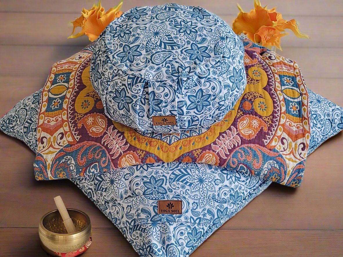 ZAFU Meditation Cushion Bundle | Paisley Flower | Teal Blue - Yoga Soul