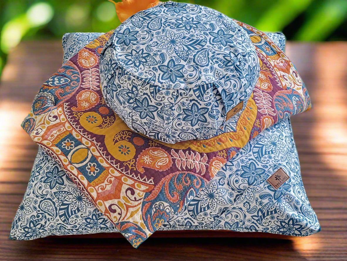 ZAFU Meditation Cushion Bundle | Paisley Flower | Teal Blue - Yoga Soul