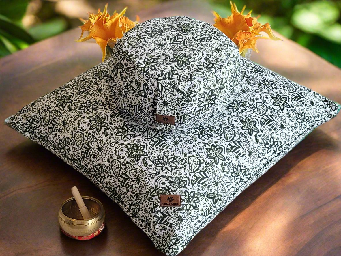 ZAFU Meditation Cushion Bundle | Paisley Flower | Trekking Green - Yoga Soul