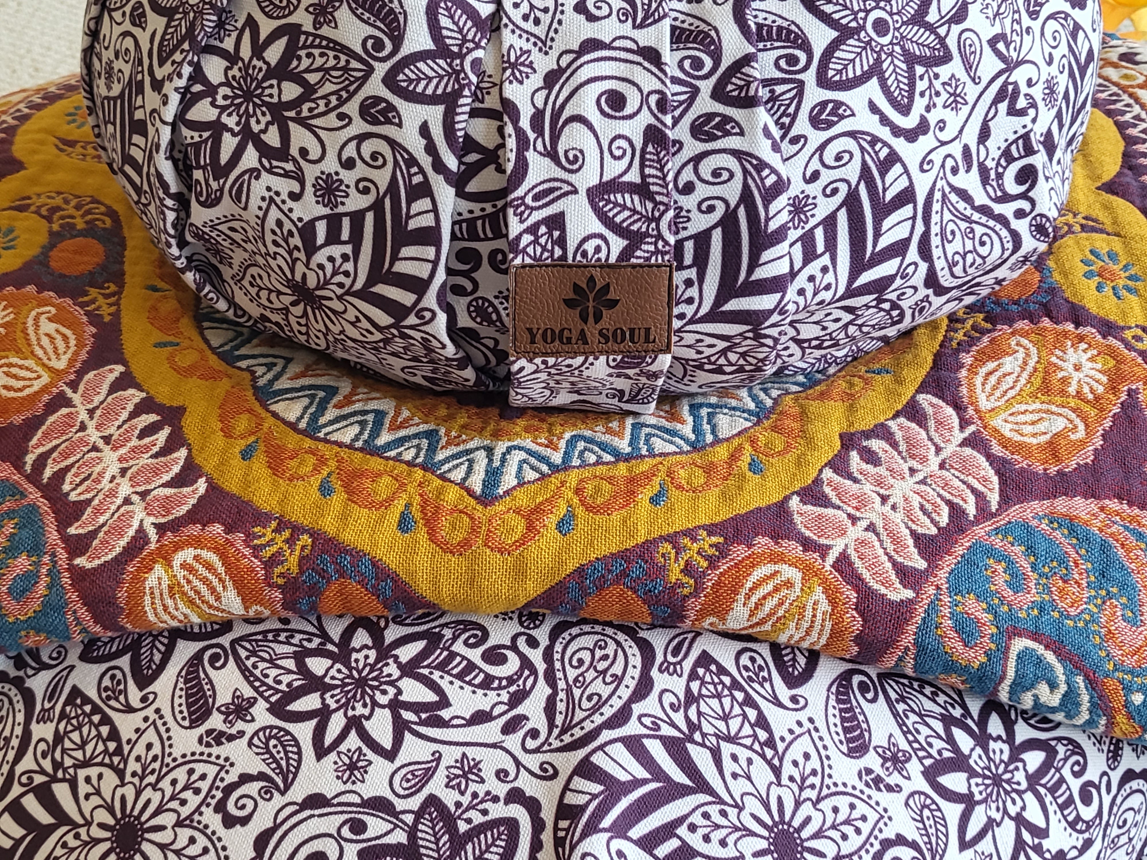 ZAFU Meditation Cushion Bundle | Paisley Flower | Purple - Yoga Soul