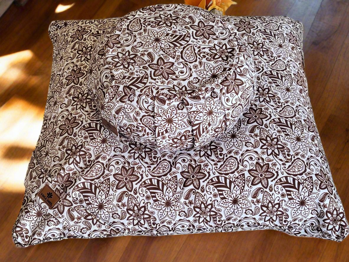 ZAFU Meditation Cushion Bundle | Paisley Flower | Chocolate - Yoga Soul