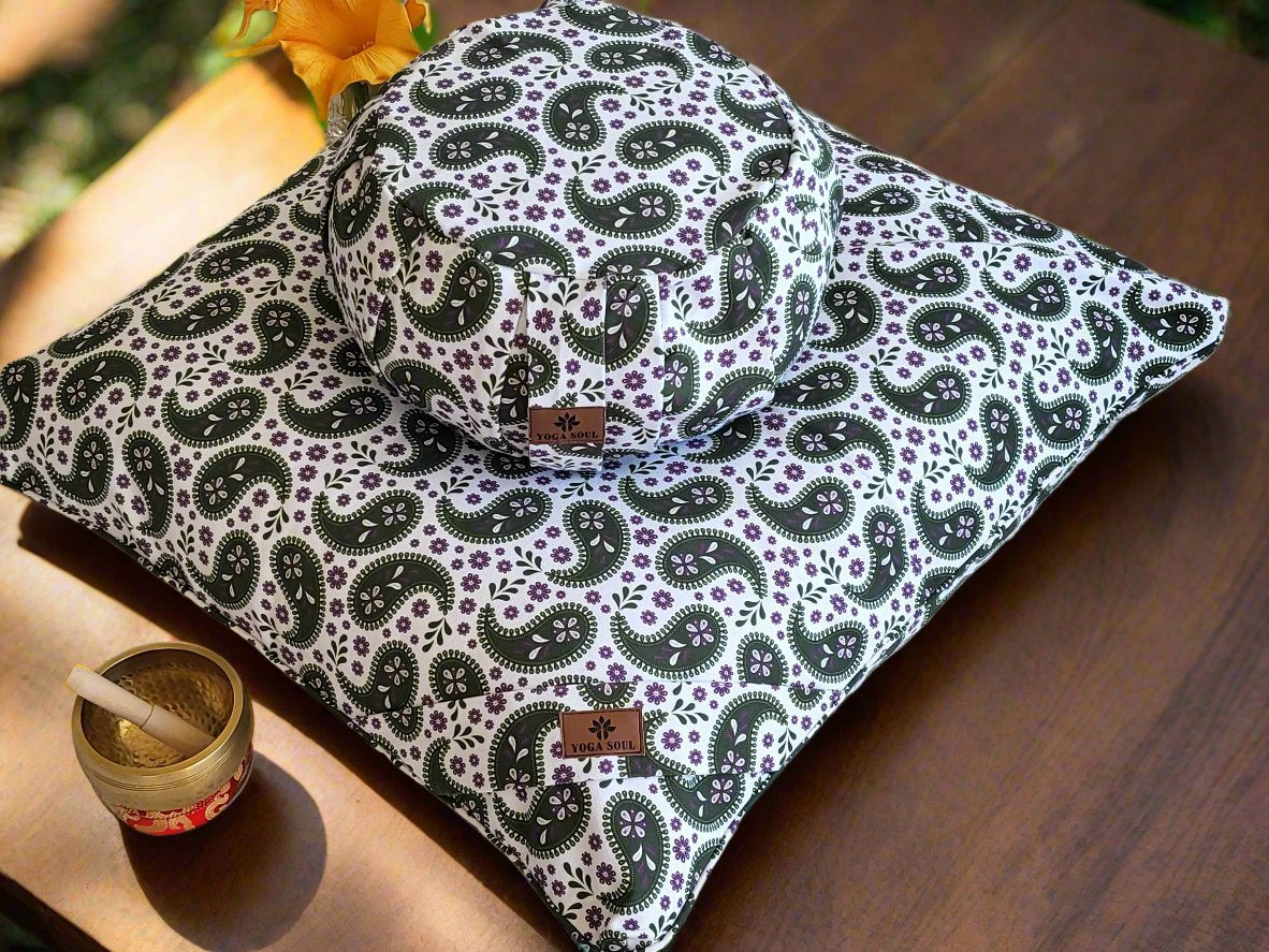 ZAFU Meditation Cushion Bundle | Paisley | Trekking Green - Yoga Soul