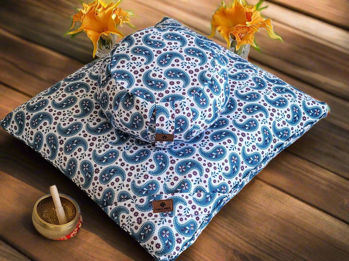 ZAFU Meditation Cushion Bundle | Paisley | Teal Blue - Yoga Soul