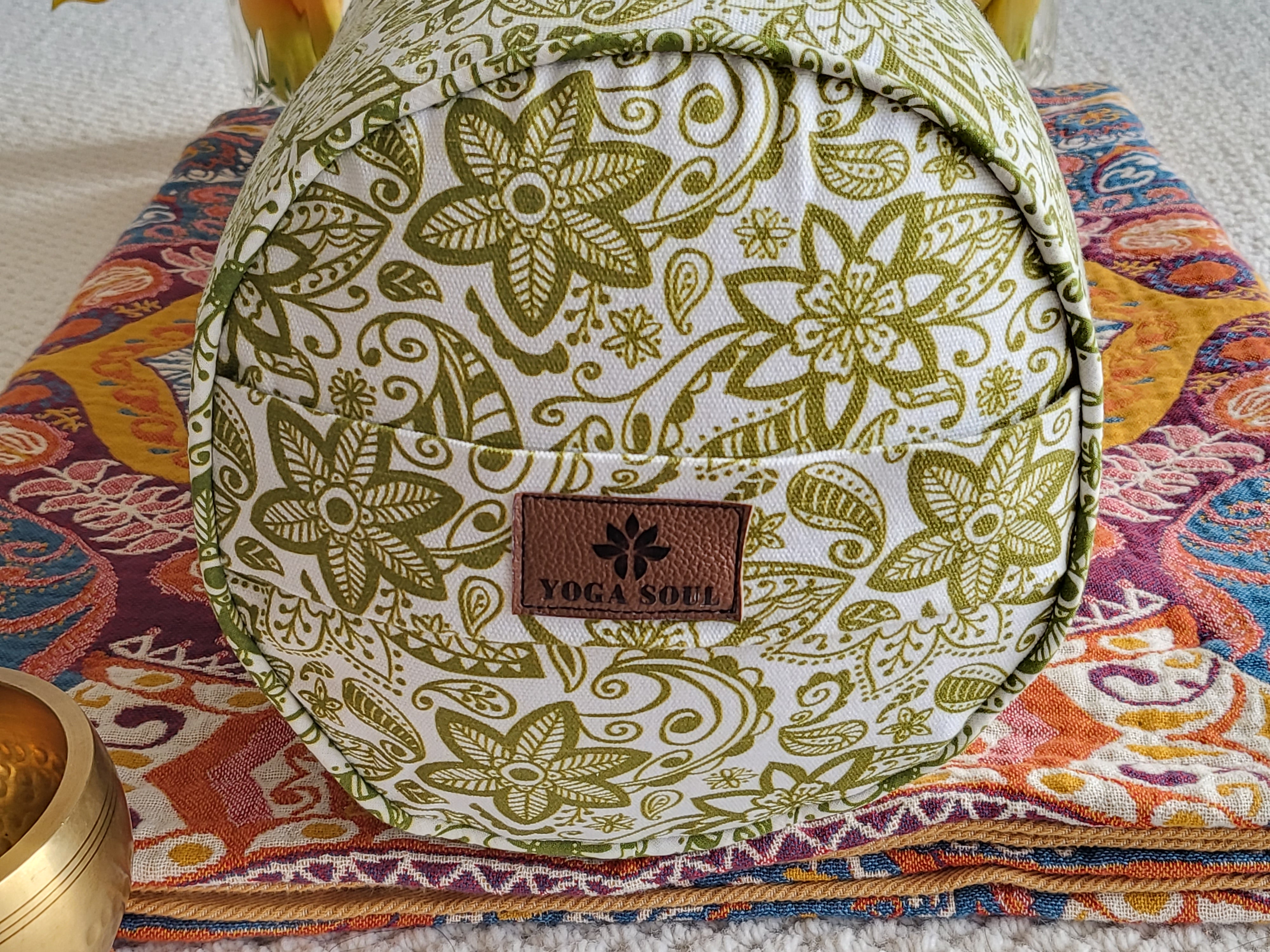 Round Yoga Bolster | Paisley Flower | Olive Green - Yoga Soul