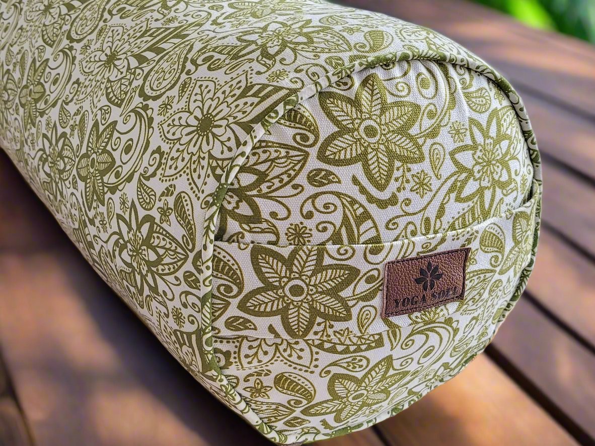 Round Yoga Bolster | Paisley Flower | Olive Green - Yoga Soul