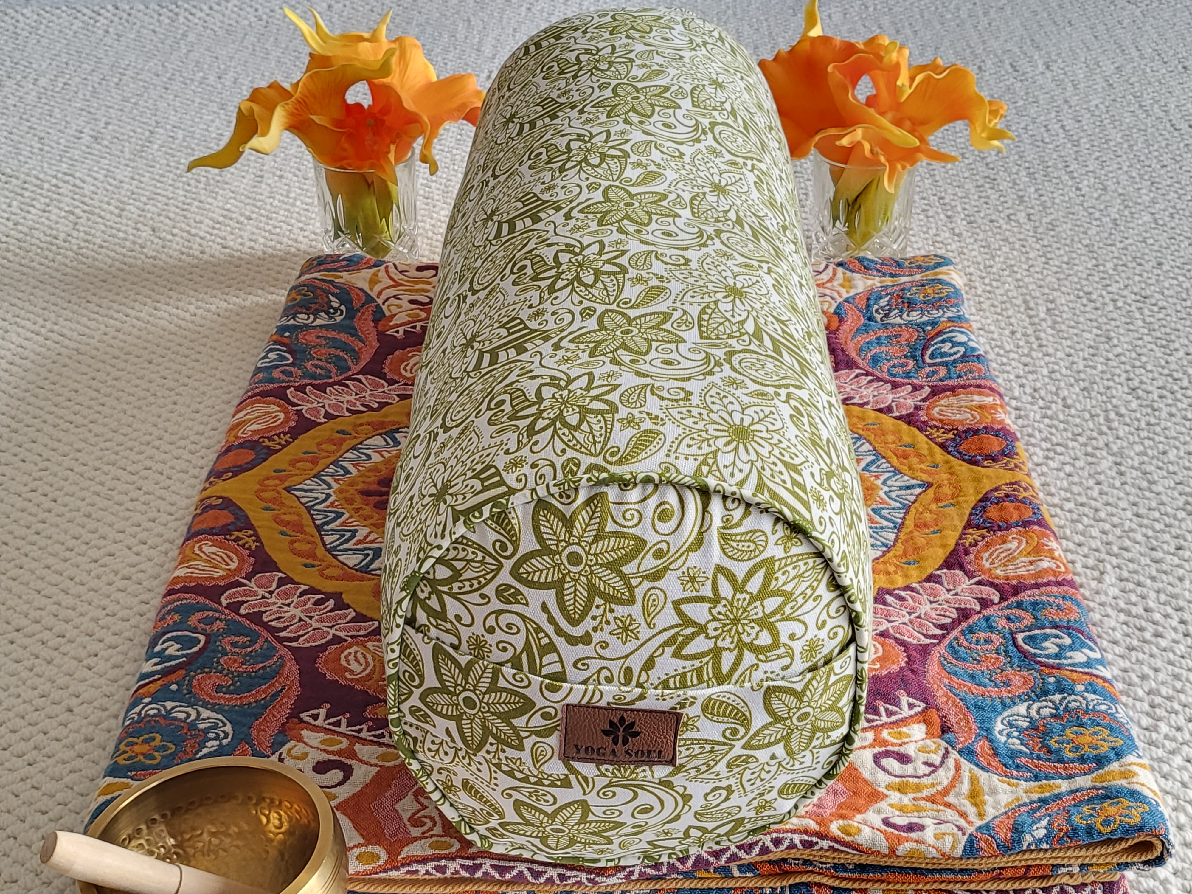 Round Yoga Bolster | Paisley Flower | Olive Green - Yoga Soul