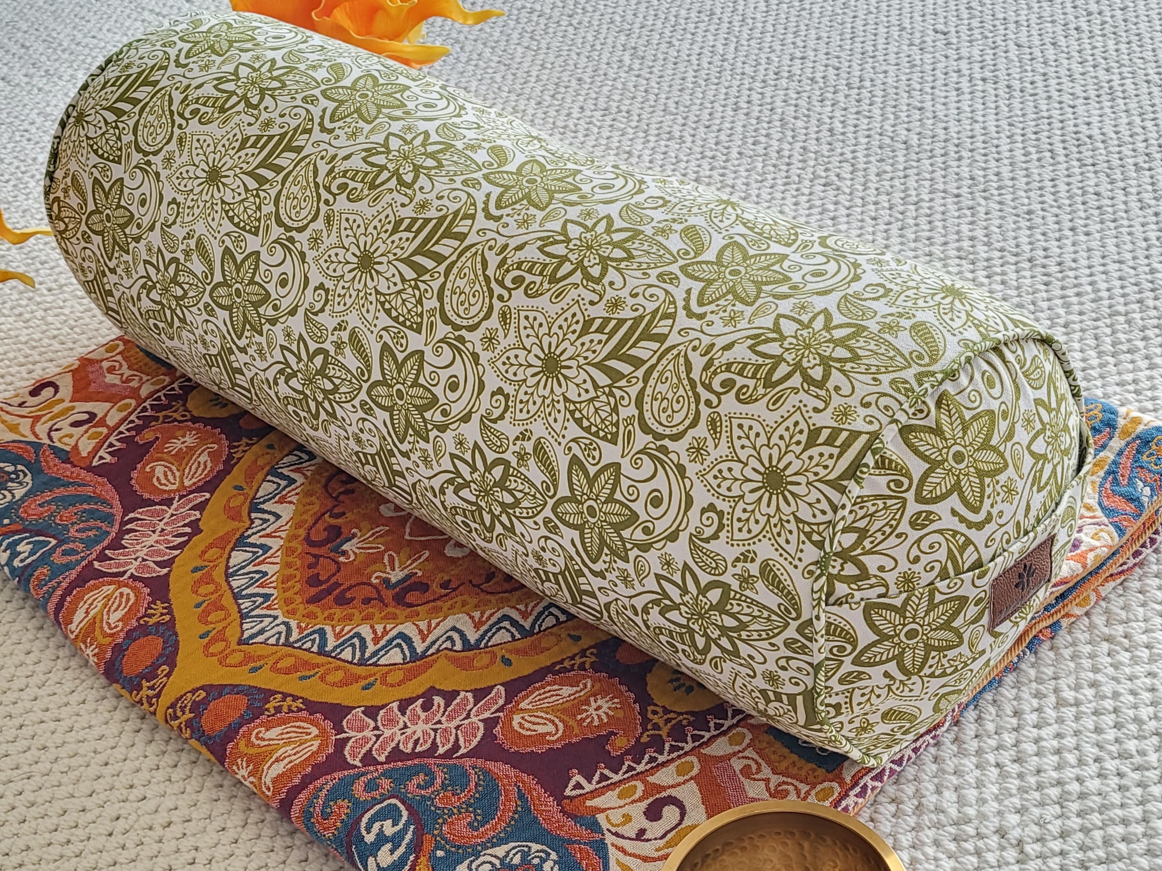 Round Yoga Bolster | Paisley Flower | Olive Green - Yoga Soul