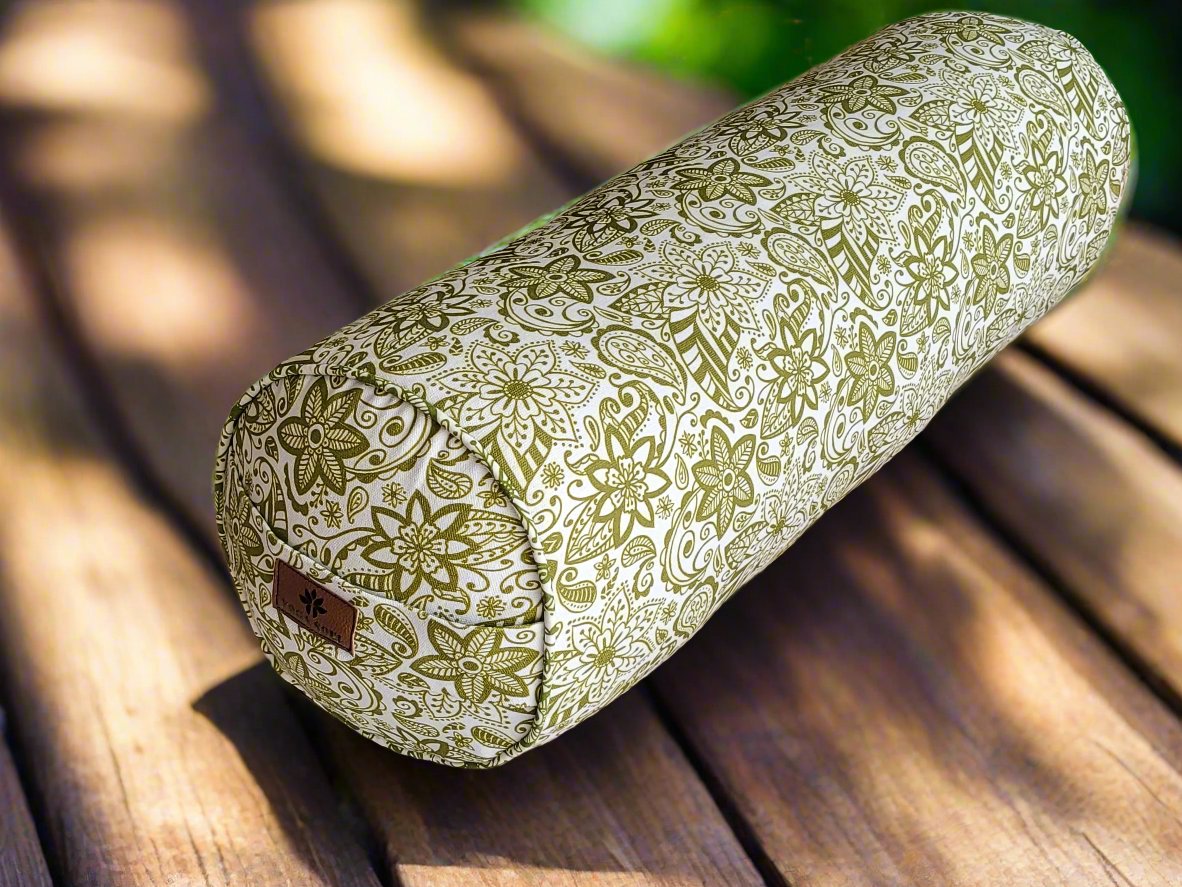 Round Yoga Bolster | Paisley Flower | Olive Green - Yoga Soul