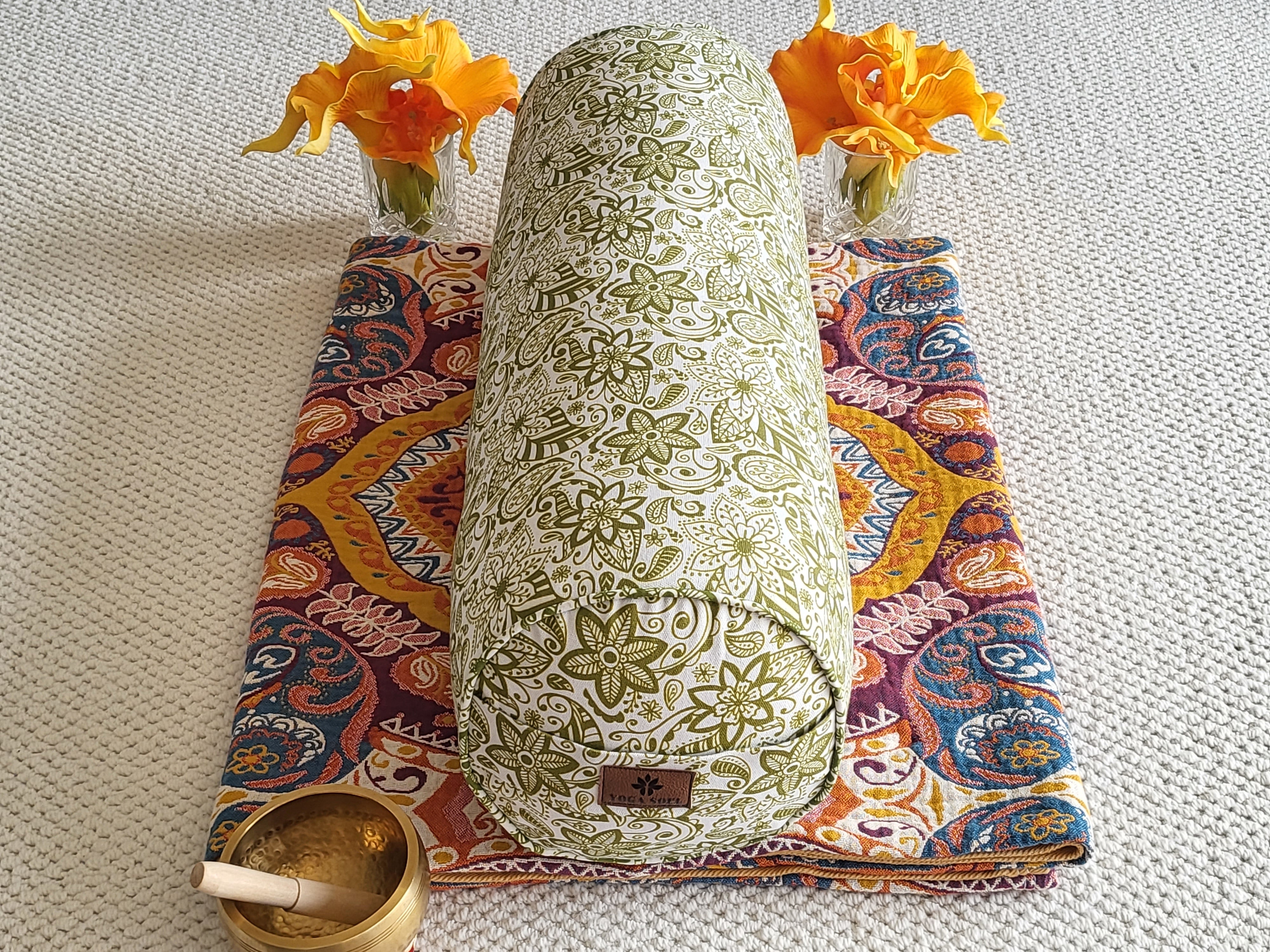 Round Yoga Bolster | Paisley Flower | Olive Green - Yoga Soul