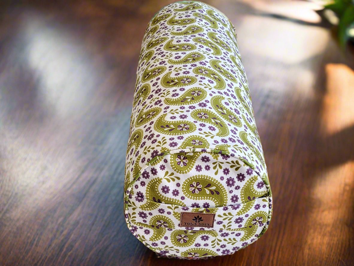 Round Yoga Bolster | Paisley | Olive Green - Yoga Soul