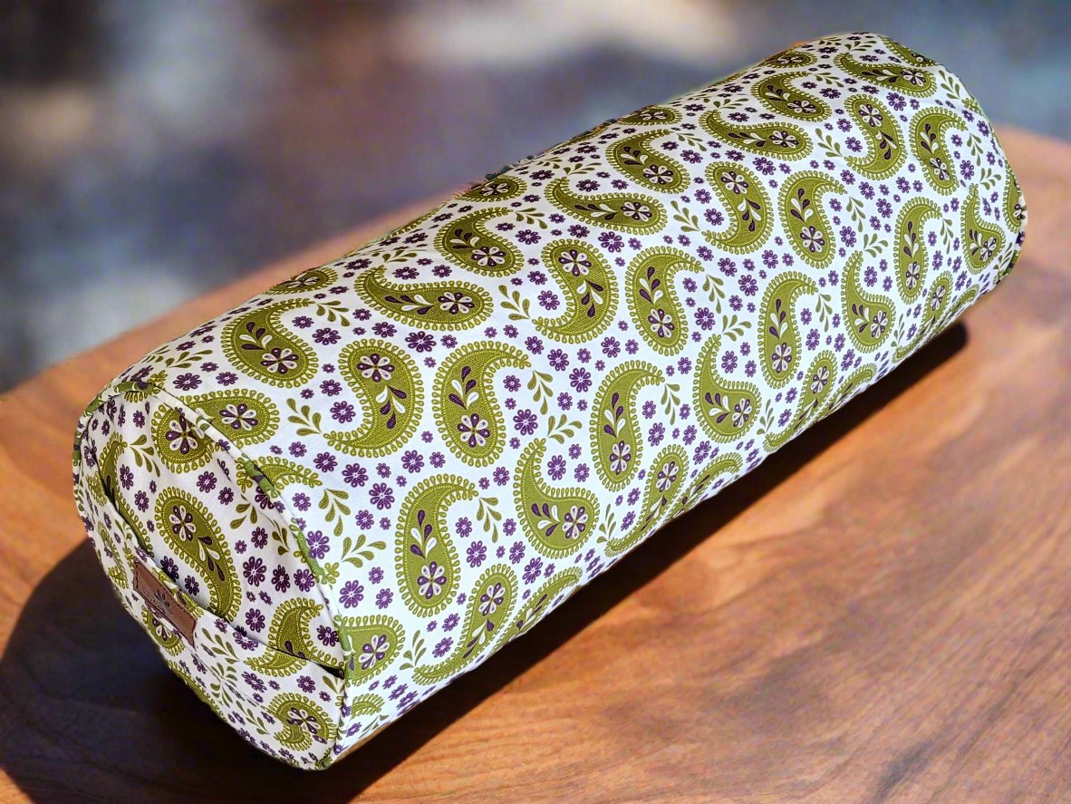 Round Yoga Bolster | Paisley | Olive Green - Yoga Soul