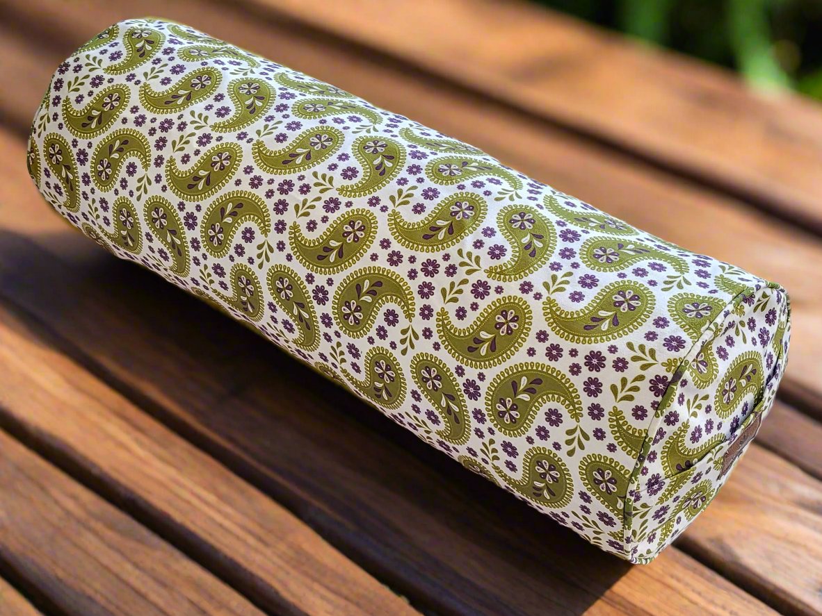 Round Yoga Bolster | Paisley | Olive Green - Yoga Soul