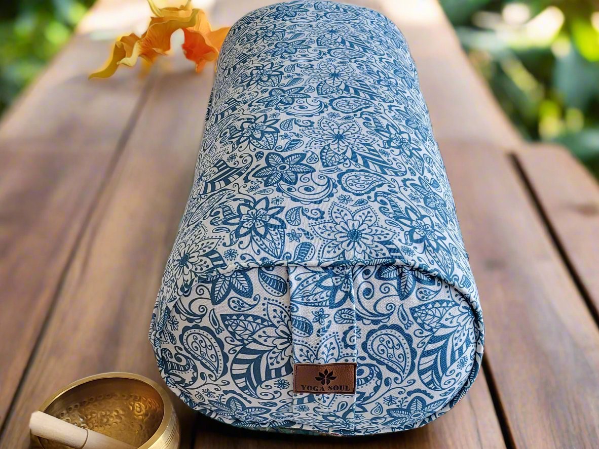 Oval Yoga Bolster | Paisley Flower | Teal Blue - Yoga Soul