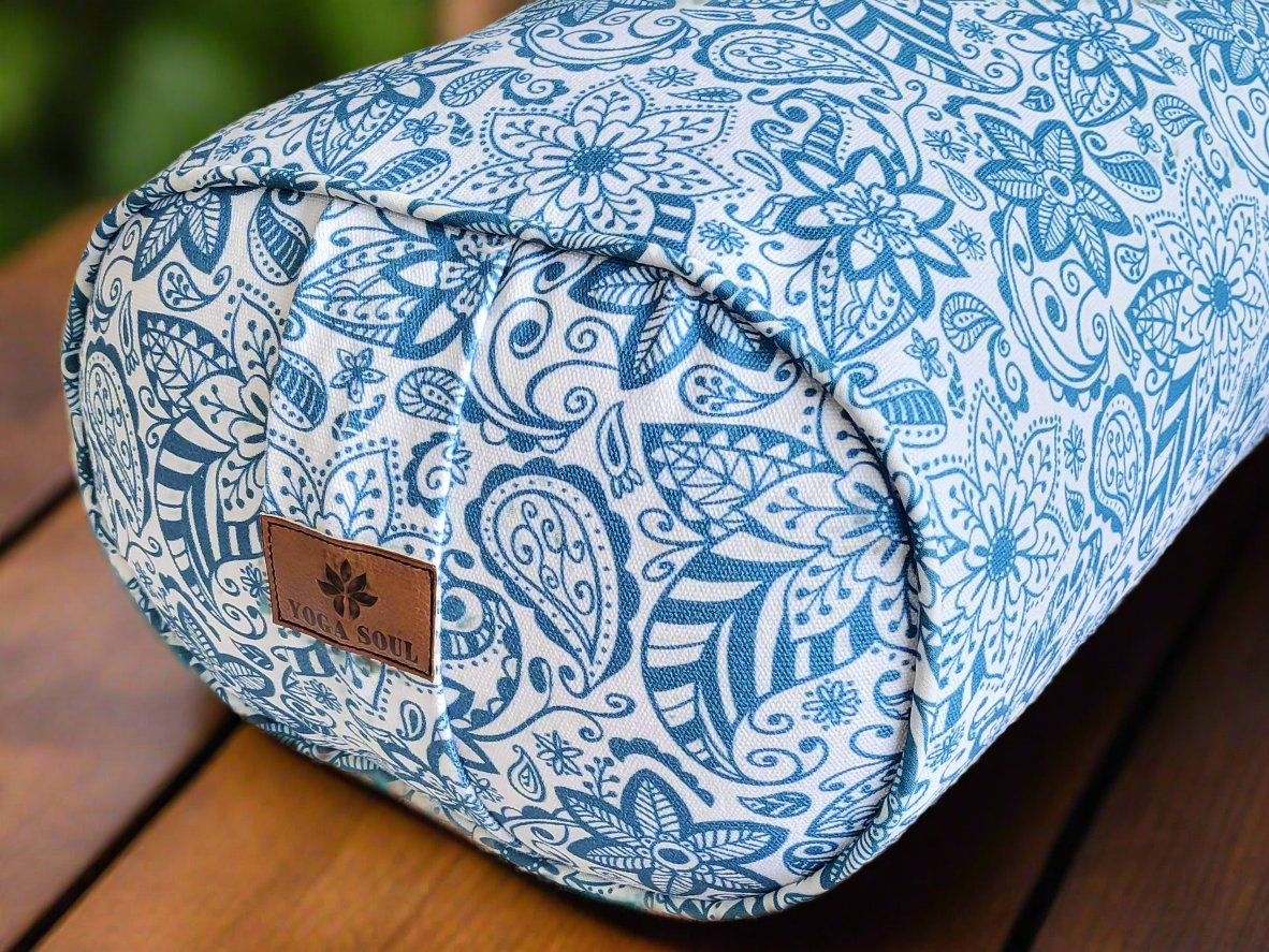 Oval Yoga Bolster | Paisley Flower | Teal Blue - Yoga Soul