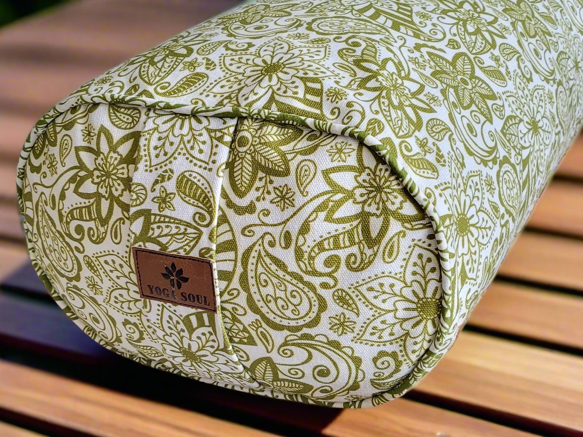 Oval Yoga Bolster | Paisley Flower | Olive Green - Yoga Soul