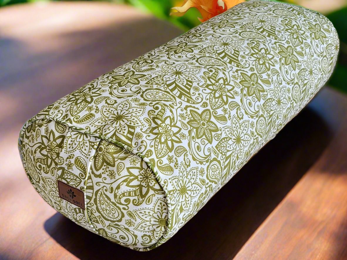 Oval Yoga Bolster | Paisley Flower | Olive Green - Yoga Soul