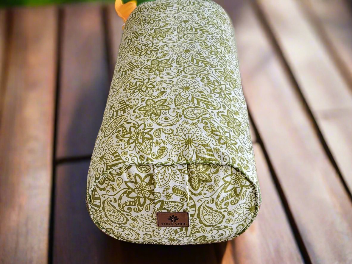 Oval Yoga Bolster | Paisley Flower | Olive Green - Yoga Soul