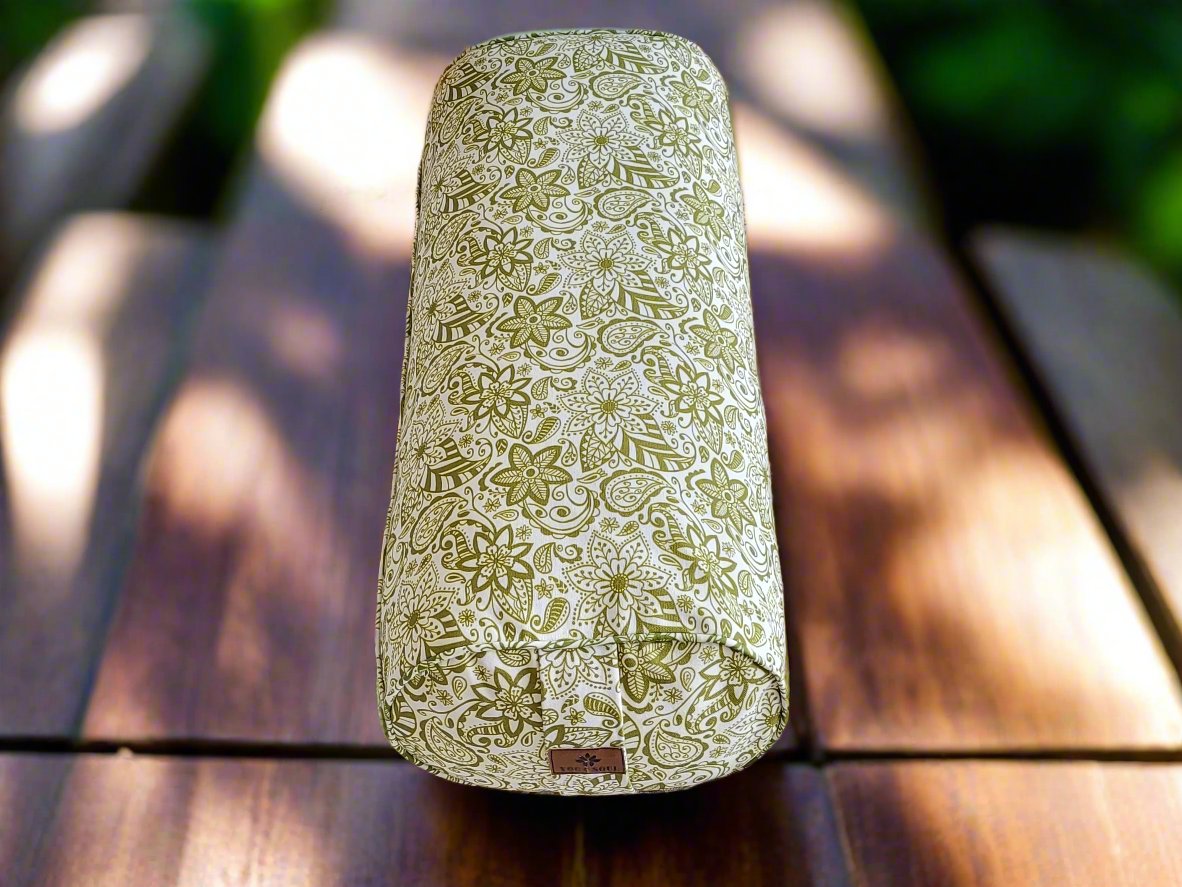 Oval Yoga Bolster | Paisley Flower | Olive Green - Yoga Soul