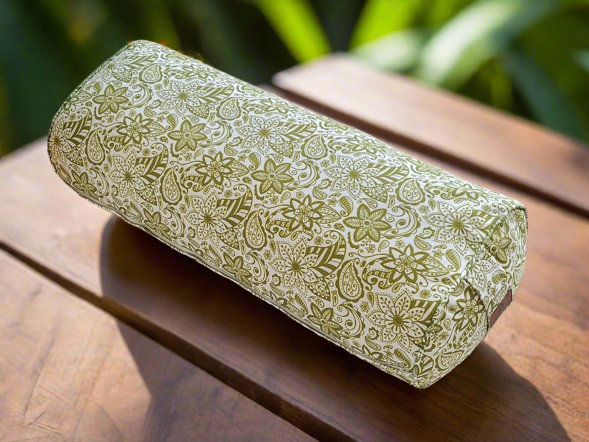 Oval Yoga Bolster | Paisley Flower | Olive Green - Yoga Soul