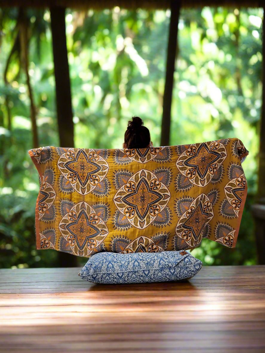 Travel Yoga Blanket | Travel Meditation Blanket | Golden Flower - Yoga Soul