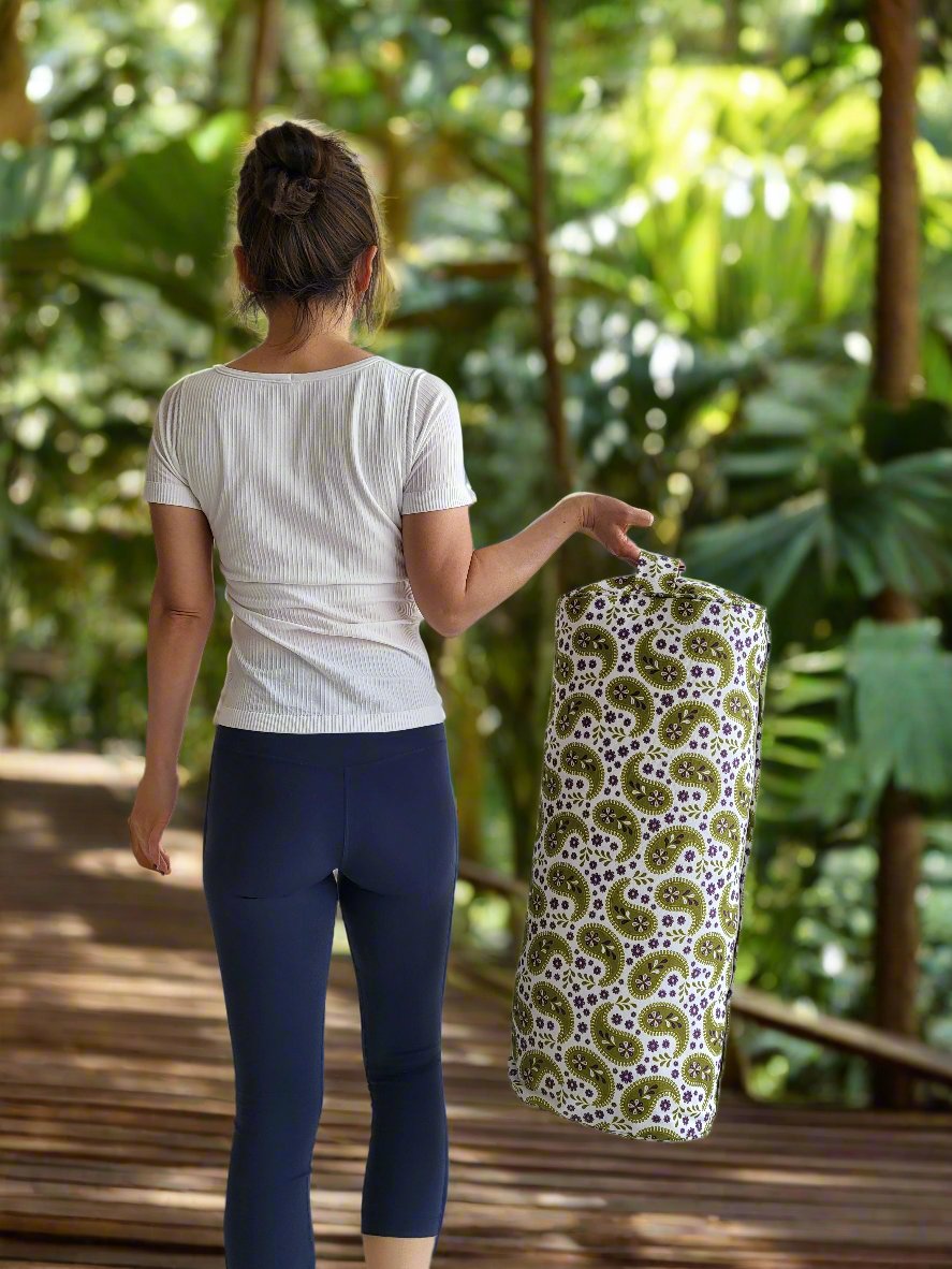 Oval Yoga Bolster | Paisley | Olive Green - Yoga Soul