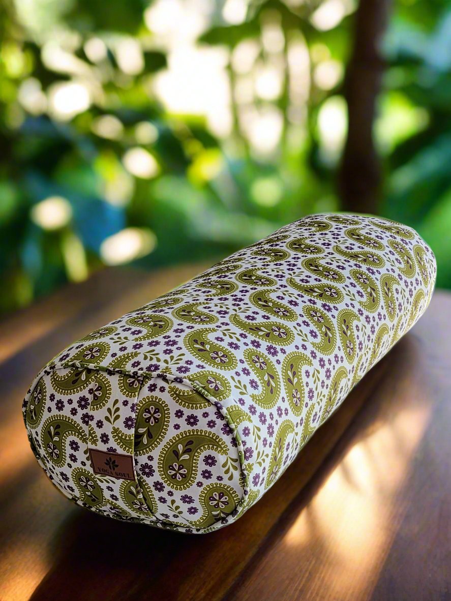 Oval Yoga Bolster | Paisley | Olive Green - Yoga Soul