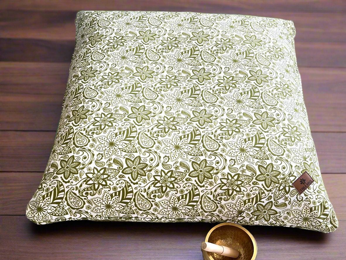 ZABUTON Meditation Cushion | Paisley Flower | Olive Green - Yoga Soul