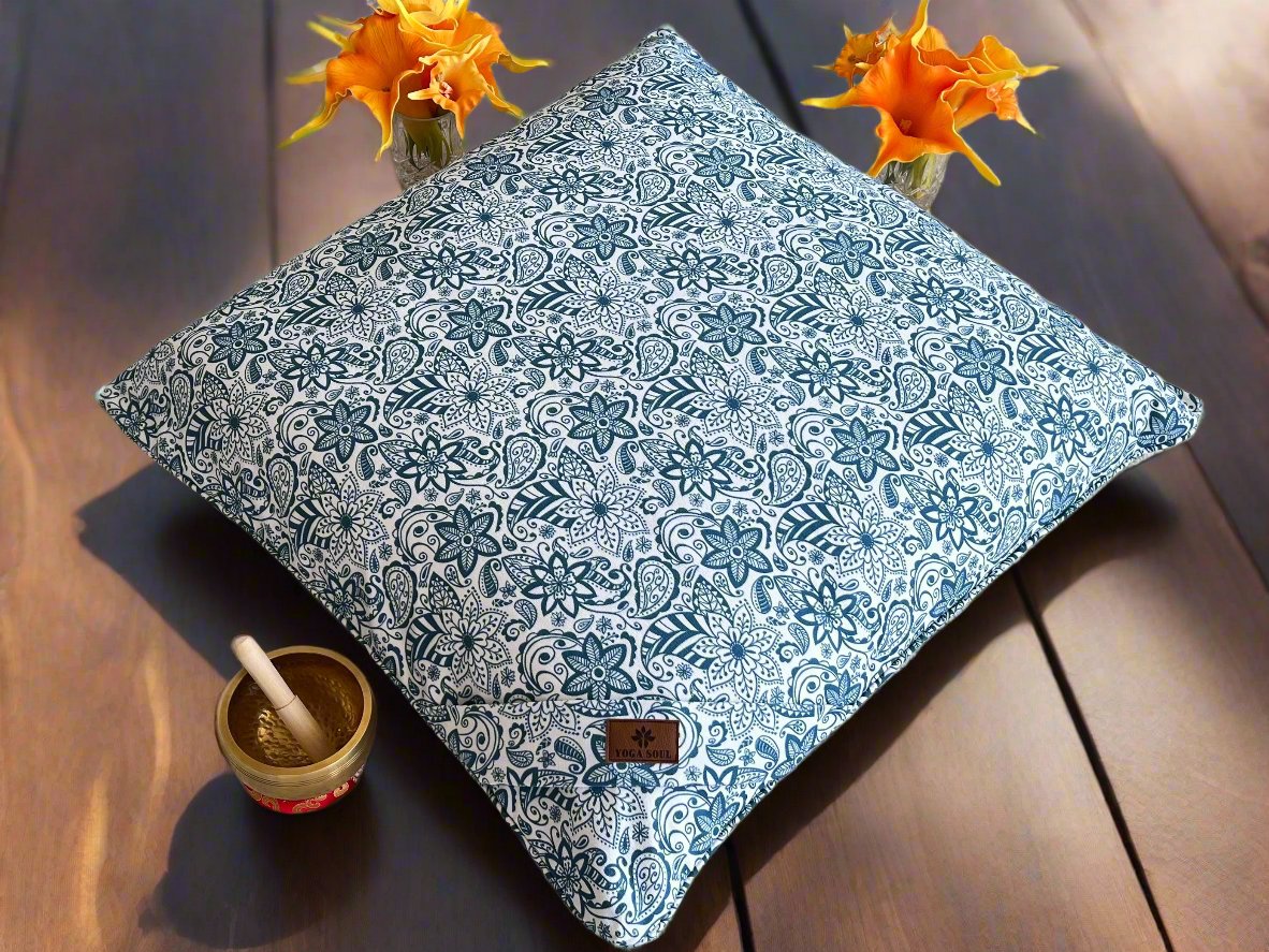 ZABUTON Meditation Cushion | Paisley Flower | Teal Blue - Yoga Soul